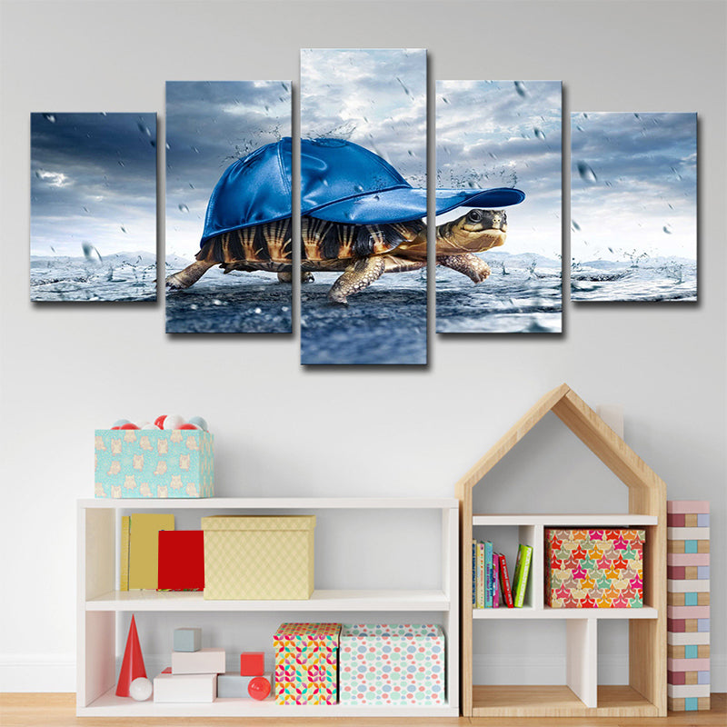 Vivolux | Blauer Schildkröte mit Cap Canvas Multi-Stück Moderner Stil Wohnzimmer Wandkunst