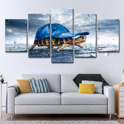 Vivolux | Blauer Schildkröte mit Cap Canvas Multi-Stück Moderner Stil Wohnzimmer Wandkunst