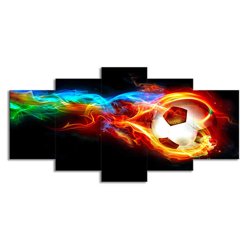 Vivolux | Sport Fußball in Flammen Leinwand Moderne Mehrteilige Wandkunst Druck in Schwarz für Raum