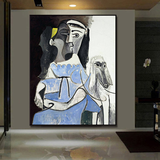 Vivolux | Picasso Frau und Hund Leinwand Kunst Vintage Texturierte Oberfläche Malerei in Blau und Grau
