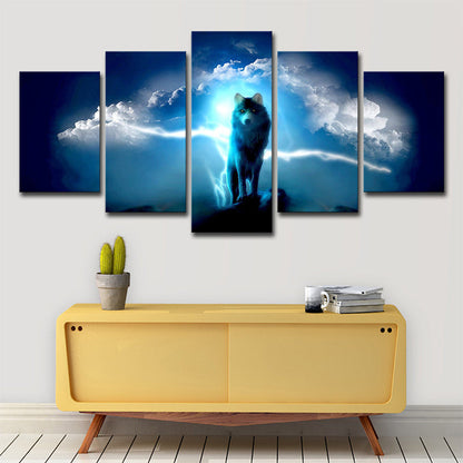 Vivolux | Mysteriöser Nachtwolf Leinwanddruck Hausinterieur Tiermuster Wandkunst in Blau