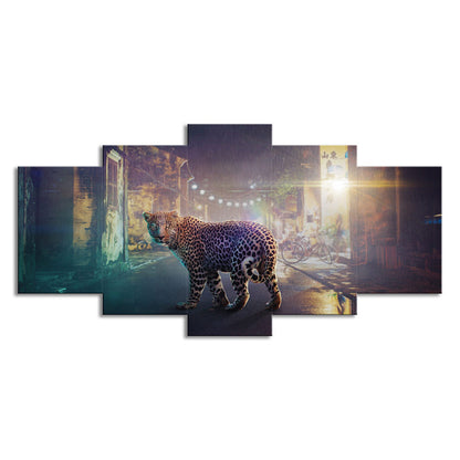 Vivolux | Shabby Street Nacht Leopard Leinwandkunst für Zuhause Tierwelt Wanddekoration in Grau, Mehrteilig