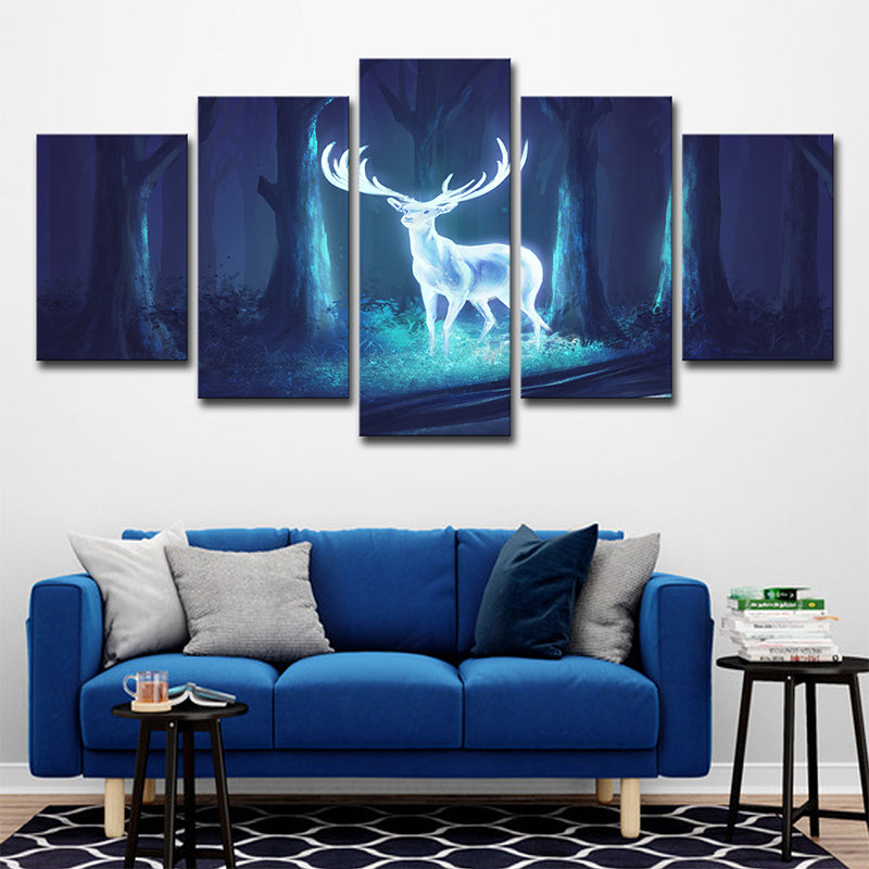 Vivolux | Mysterious Forest Deer Leinwand Wandkunst für das Kinderzimmer, Blau-Weiß, Mehrteilig