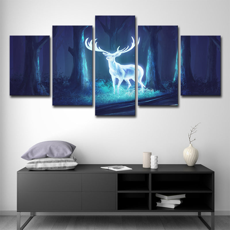 Vivolux | Mysterious Forest Deer Leinwand Wandkunst für das Kinderzimmer, Blau-Weiß, Mehrteilig