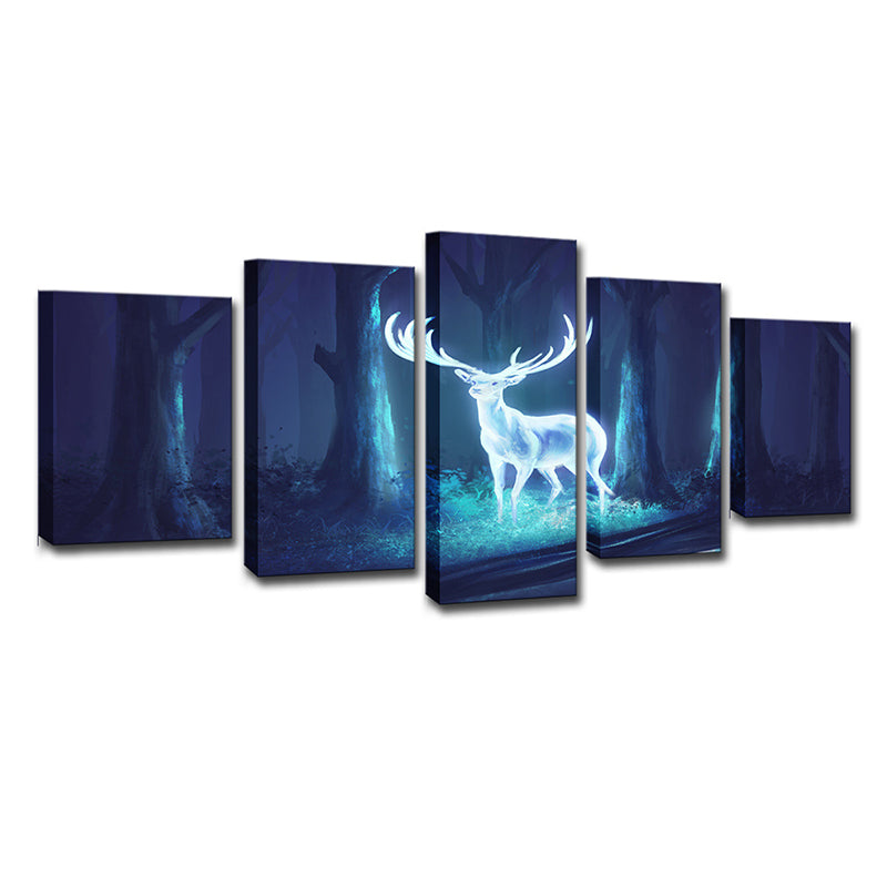 Vivolux | Mysterious Forest Deer Leinwand Wandkunst für das Kinderzimmer, Blau-Weiß, Mehrteilig