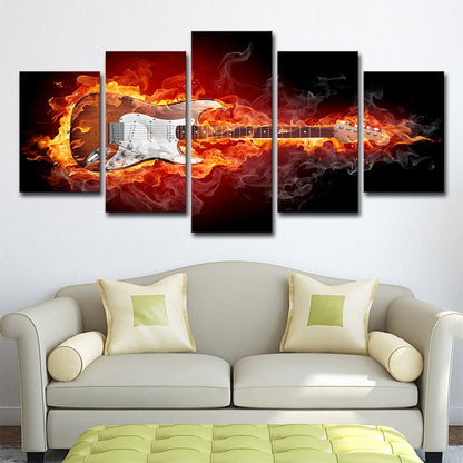 Vivolux | Orangen Gitarre in Flammen Kunstdruck Rockmusik Modern Mehrteiliges Canvas für Jungenzimmer