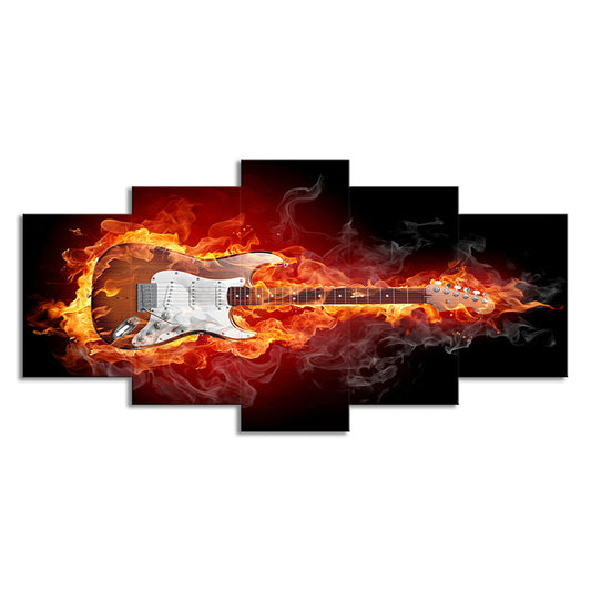Vivolux | Orangen Gitarre in Flammen Kunstdruck Rockmusik Modern Mehrteiliges Canvas für Jungenzimmer