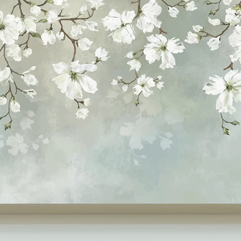 Vivolux | Witte Bloeiende Bloem Wanddecoratie Vochtbestendige Muurkunst op Blauw voor Thuis