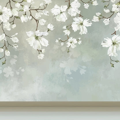 Vivolux | Witte Bloeiende Bloem Wanddecoratie Vochtbestendige Muurkunst op Blauw voor Thuis