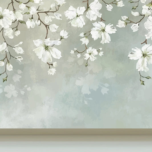 Vivolux | Witte Bloeiende Bloem Wanddecoratie Vochtbestendige Muurkunst op Blauw voor Thuis