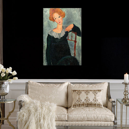 Vivolux | Portrait Wandkunst Druck Studienzimmer Frau mit roten Haaren Leinwand Blau strukturiert (Mehrere Größen)