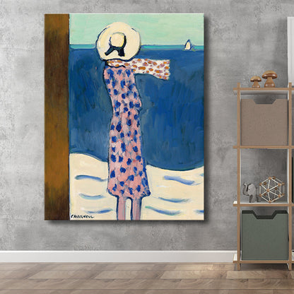 Vivolux | Leinwand-texturiertes Wandkunst Motiv Landfrau am Meer Gemälde in sanften Farben für das Wohnzimmer