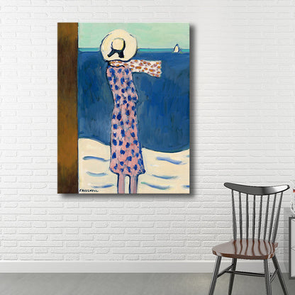 Vivolux | Leinwand-texturiertes Wandkunst Motiv Landfrau am Meer Gemälde in sanften Farben für das Wohnzimmer