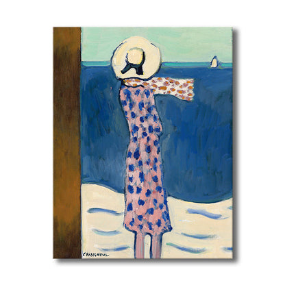 Vivolux | Leinwand-texturiertes Wandkunst Motiv Landfrau am Meer Gemälde in sanften Farben für das Wohnzimmer