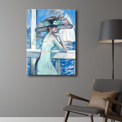 Vivolux | Leinwand-texturiertes Wandkunst Motiv Landfrau am Meer Gemälde in sanften Farben für das Wohnzimmer