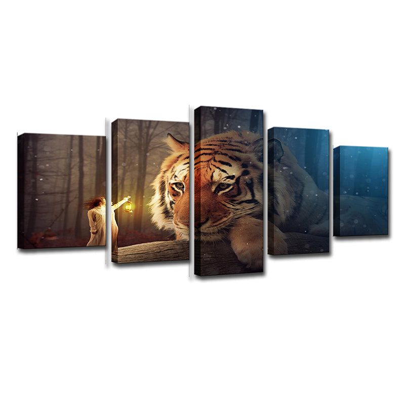 Vivolux | Gele Kinder Canvas Digitale Afdruk Reusachtige Tijger en Kleine Meisje Muurkunst voor Woonkamer