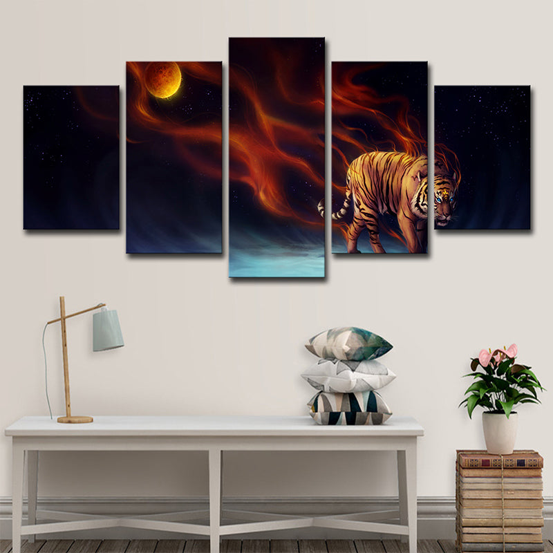 Vivolux | Gelbe Mond Nacht Tiger Kunstdruck Mehrteilig Moderne Wohnzimmer Wanddekoration