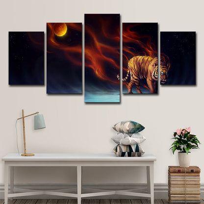 Vivolux | Gelbe Mond Nacht Tiger Kunstdruck Mehrteilig Moderne Wohnzimmer Wanddekoration