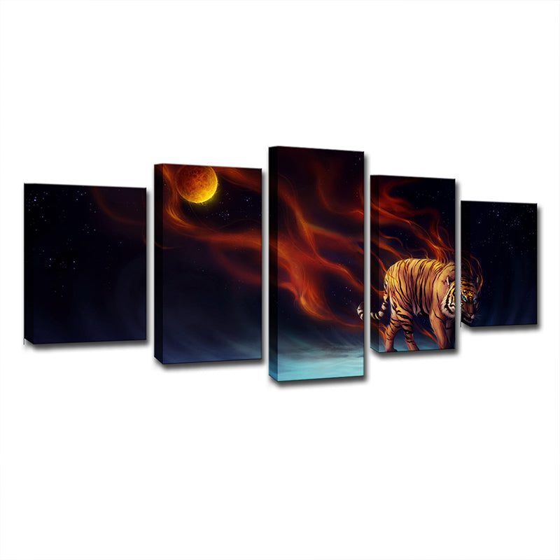 Vivolux | Gelbe Mond Nacht Tiger Kunstdruck Mehrteilig Moderne Wohnzimmer Wanddekoration