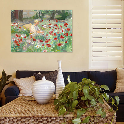 Vivolux | Frau im Blütenfeld Leinwand Texturiertes Französisches Landhaus Wohnzimmer Wandkunst Dekor
