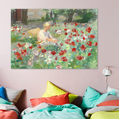 Vivolux | Frau im Blütenfeld Leinwand Texturiertes Französisches Landhaus Wohnzimmer Wandkunst Dekor