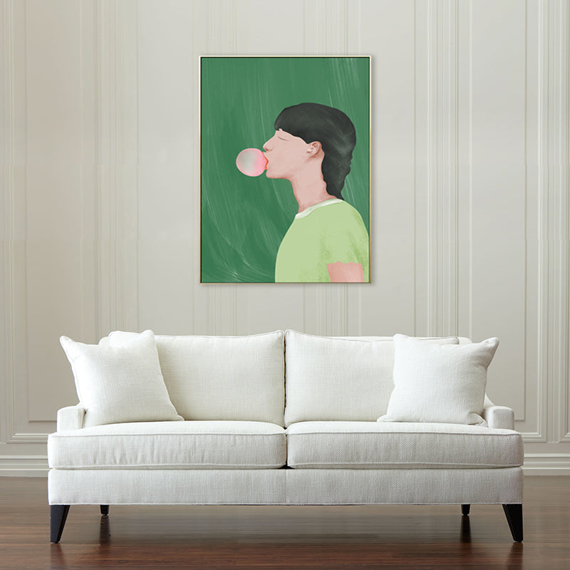 Vivolux | Grüner Nordic Style Kunstdruck Junge Kaugummi kauend Zeichnung Wanddekoration für Jugendzimmer