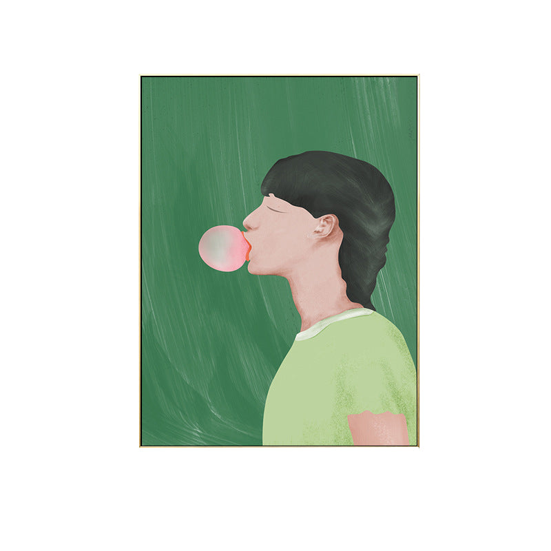 Vivolux | Grüner Nordic Style Kunstdruck Junge Kaugummi kauend Zeichnung Wanddekoration für Jugendzimmer