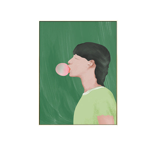 Vivolux | Grüner Nordic Style Kunstdruck Junge Kaugummi kauend Zeichnung Wanddekoration für Jugendzimmer