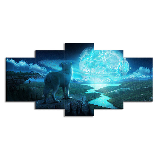 Vivolux | Grote Maan en Wolf Canvas in Blauw Modernistische Wanddecoratie voor Woonkamer, Meerdere Stukken