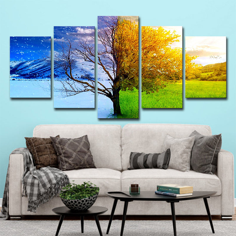 Vivolux | Modernistische Wandkunst Decor Blauw-Geel Winter en Herfst Boom Canvas Print voor Woonkamer