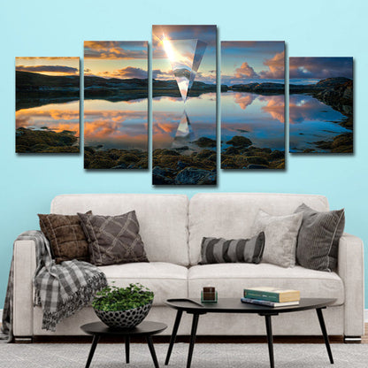 Vivolux | Sonnenuntergangssee-Spiegelung Leinwandkunst Moderne malerische Landschafts-Wanddeko in Blau für Zuhause