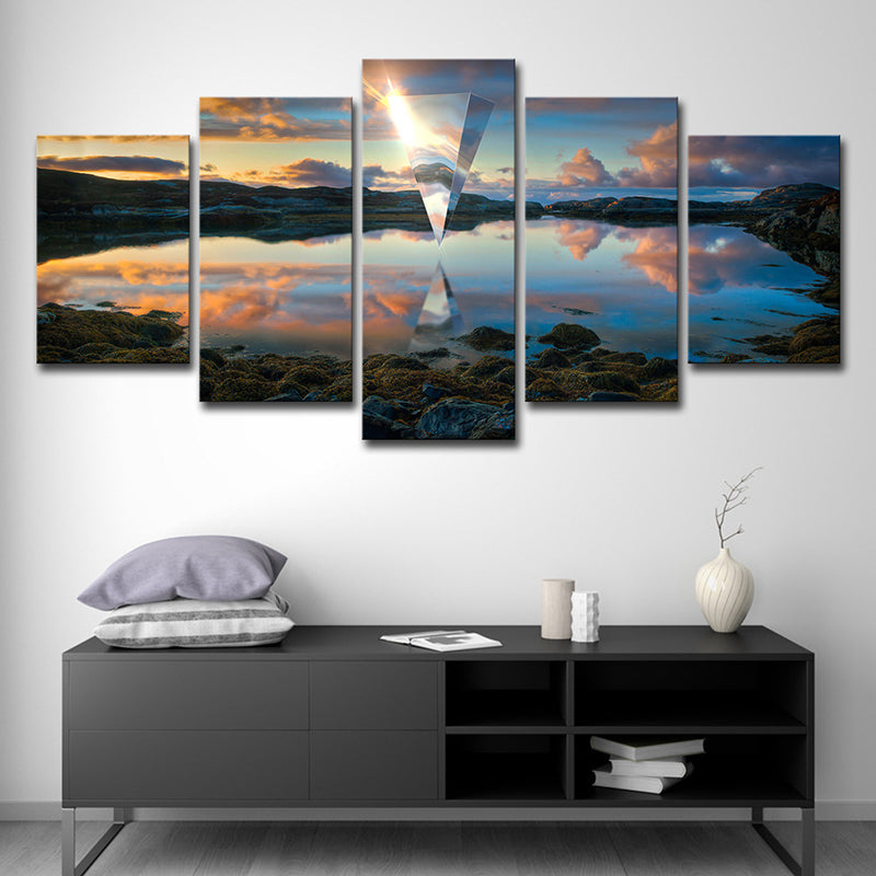 Vivolux | Sonnenuntergangssee-Spiegelung Leinwandkunst Moderne malerische Landschafts-Wanddeko in Blau für Zuhause