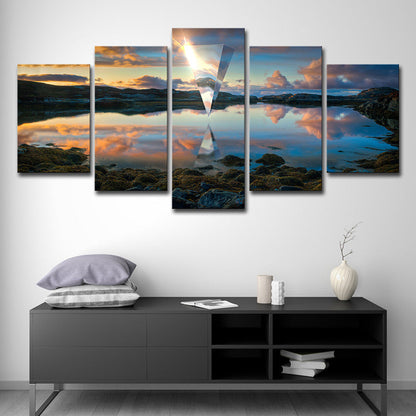 Vivolux | Sonnenuntergangssee-Spiegelung Leinwandkunst Moderne malerische Landschafts-Wanddeko in Blau für Zuhause