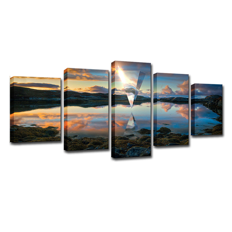 Vivolux | Sonnenuntergangssee-Spiegelung Leinwandkunst Moderne malerische Landschafts-Wanddeko in Blau für Zuhause