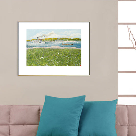Vivolux | Park Landschaft Kunstdruck Tropix nostalgische Wiese und Dampfschiff Zeichnung Leinwand in Grün