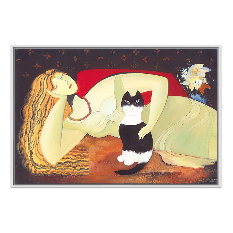 Vivolux | Texturiertes Frauen- und Katzenmalerei-Leinwand traditioneller Wanddekoration in Gelb für das Schlafzimmer