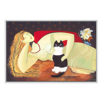 Vivolux | Texturiertes Frauen- und Katzenmalerei-Leinwand traditioneller Wanddekoration in Gelb für das Schlafzimmer