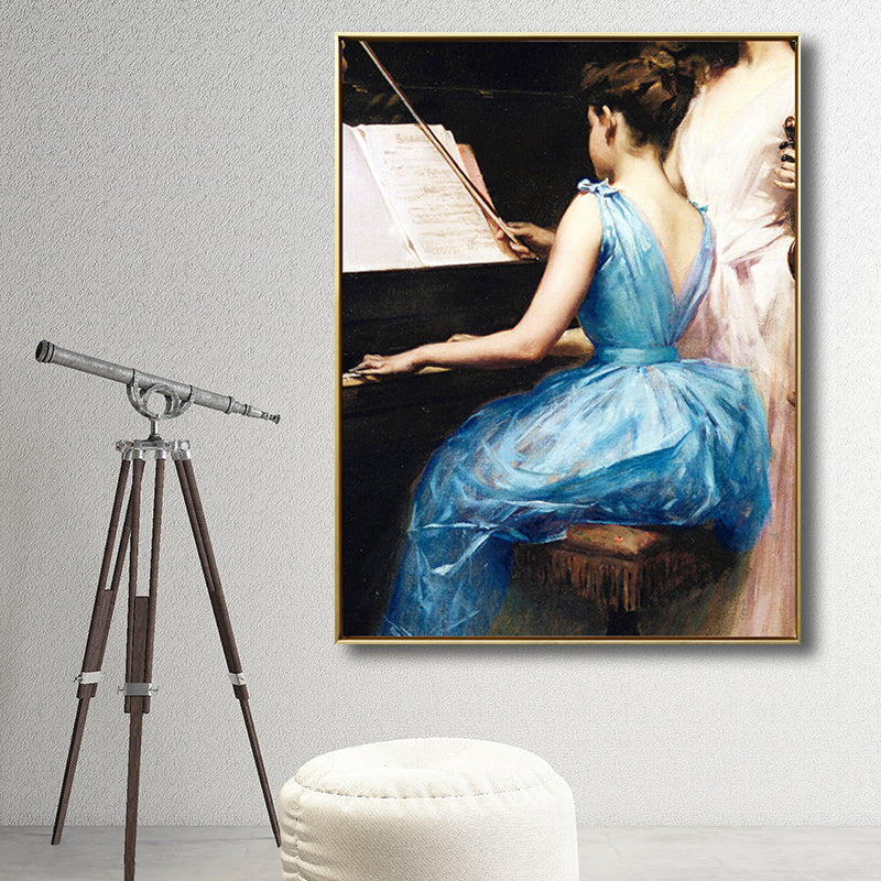 Vivolux | Vintage Musikalische Leinwanddruck Mädchen, das Klavier spielt, blaue Wanddekoration für Schlafzimmer, mehrere Größen