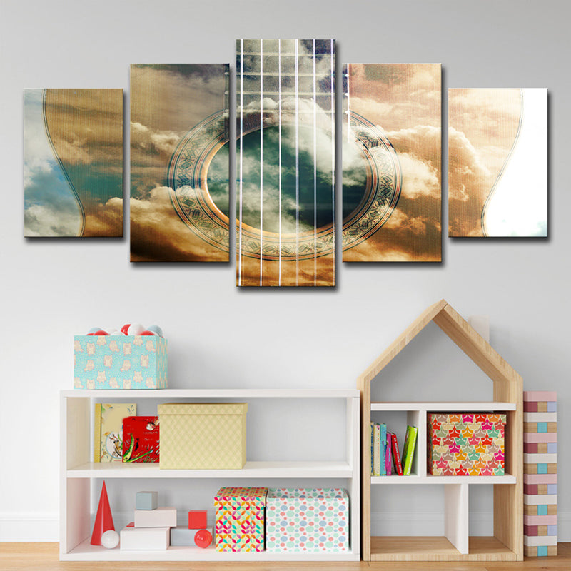 Vivolux | Gelbe Gitarre Wandkunst Bewölkter Himmel Gemustertes Modernes Mehrteiliges Leinwandbild