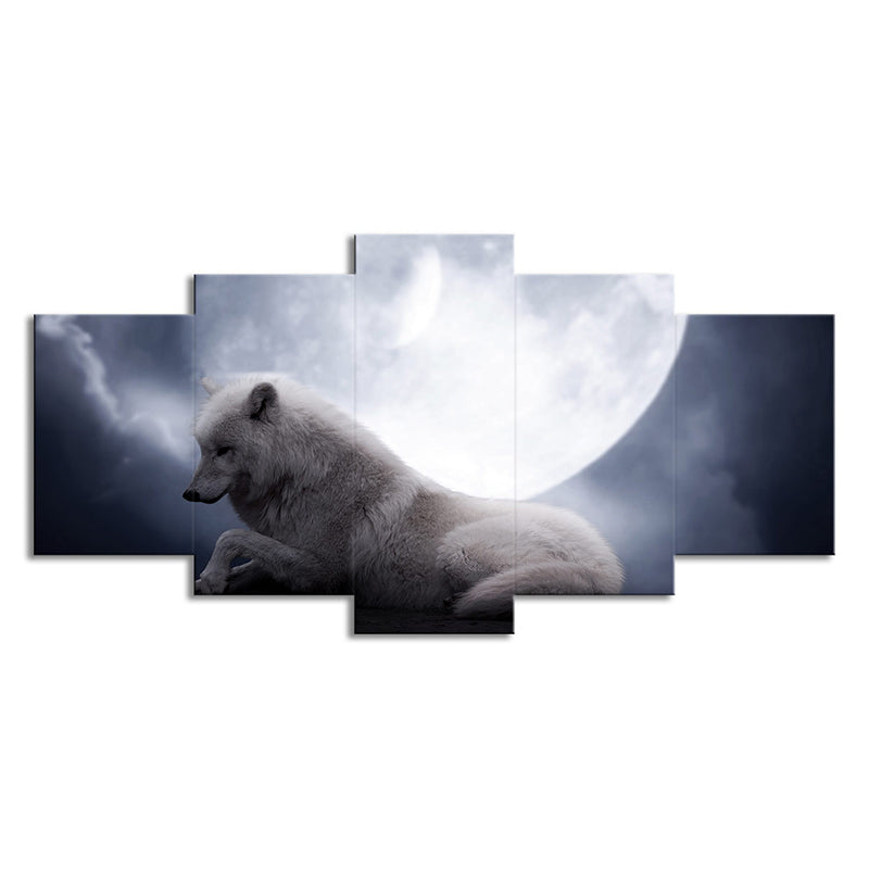 Vivolux | Witte Wolf en Maan Kunstafdruk Multi-Stuk Modernisme Zitkamer Wanddecoratie