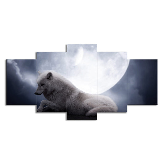 Vivolux | Witte Wolf en Maan Kunstafdruk Multi-Stuk Modernisme Zitkamer Wanddecoratie