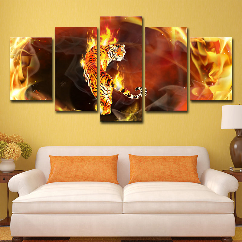 Vivolux | Gelbe Tiger in Flammen Leinwand Tier Modern Mehrteilige Wandkunst Dekor für das Wohnzimmer