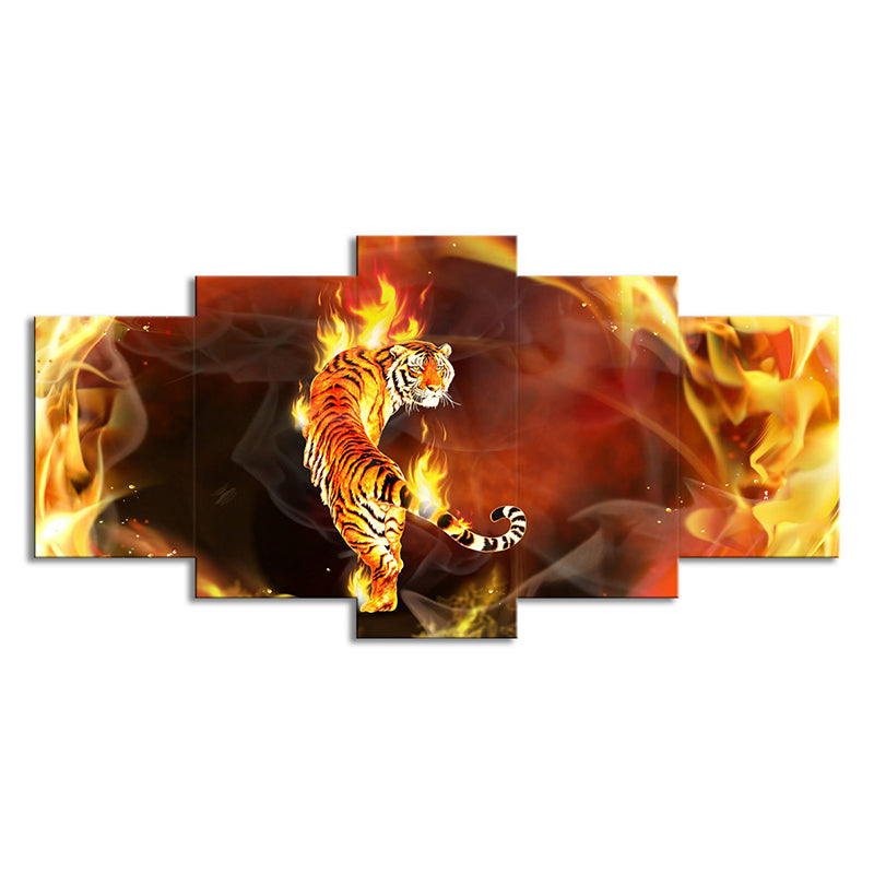Vivolux | Gelbe Tiger in Flammen Leinwand Tier Modern Mehrteilige Wandkunst Dekor für das Wohnzimmer