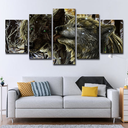 Vivolux | Winterscape Wolves Wandkunst Decor Moderne Multi-Stück Leinwanddruck in Gelb für Raum