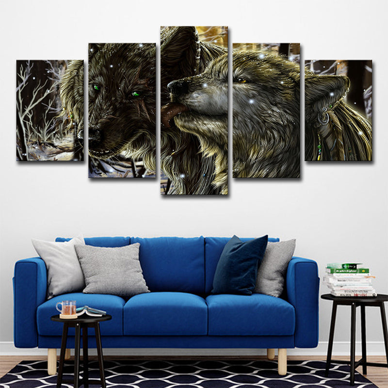 Vivolux | Winterscape Wolves Wandkunst Decor Moderne Multi-Stück Leinwanddruck in Gelb für Raum