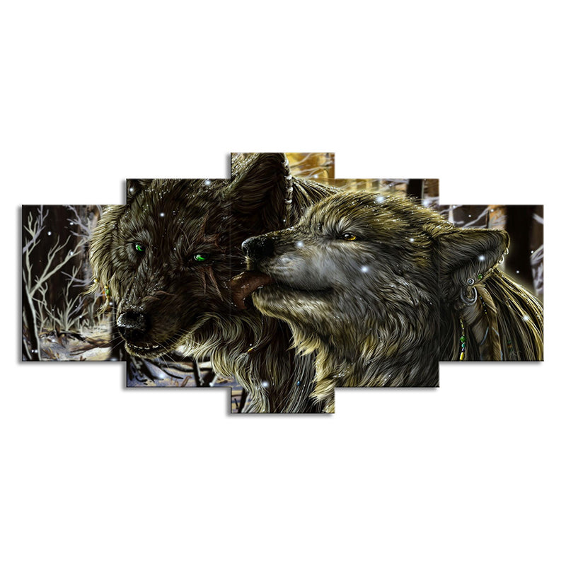 Vivolux | Winterscape Wolves Wandkunst Decor Moderne Multi-Stück Leinwanddruck in Gelb für Raum