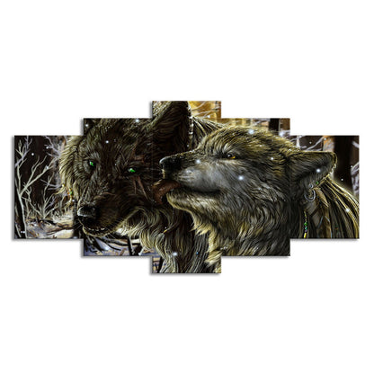Vivolux | Winterscape Wolves Wandkunst Decor Moderne Multi-Stück Leinwanddruck in Gelb für Raum
