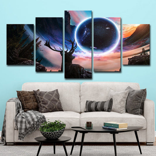 Vivolux | Zwarte Maan Nacht Hert Canvas Kunst Multi-Stuk Hedendaagse Zithoek Muurdecoratie