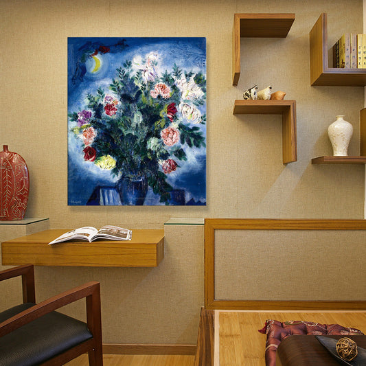 Vivolux | Textured People Malen Eine Menge Blumen und Mond Blaue Wandkunst Dekor für Schlafzimmer