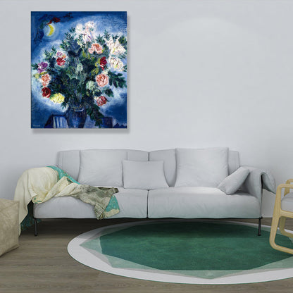 Vivolux | Textured People Malen Eine Menge Blumen und Mond Blaue Wandkunst Dekor für Schlafzimmer